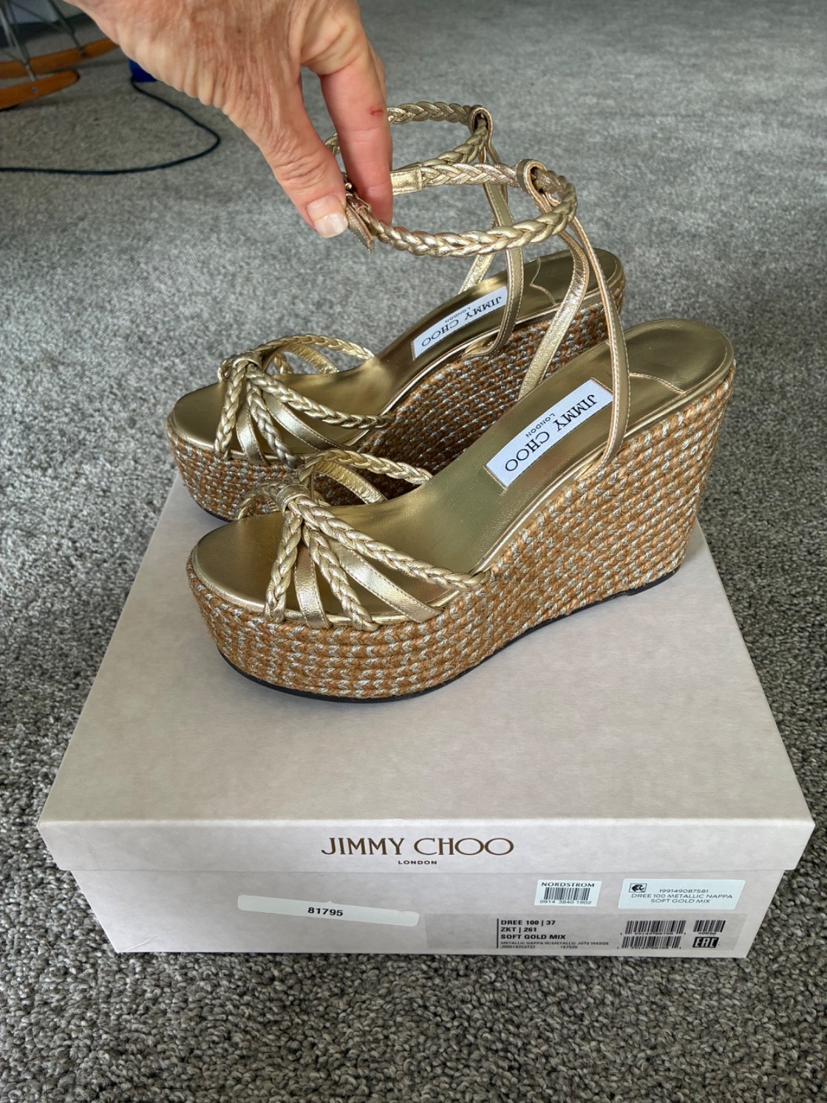 Jimmy Choo Dree 100MM Espadrilles Women US7 EU37 Metallic Soft Gold Wedge Sandal