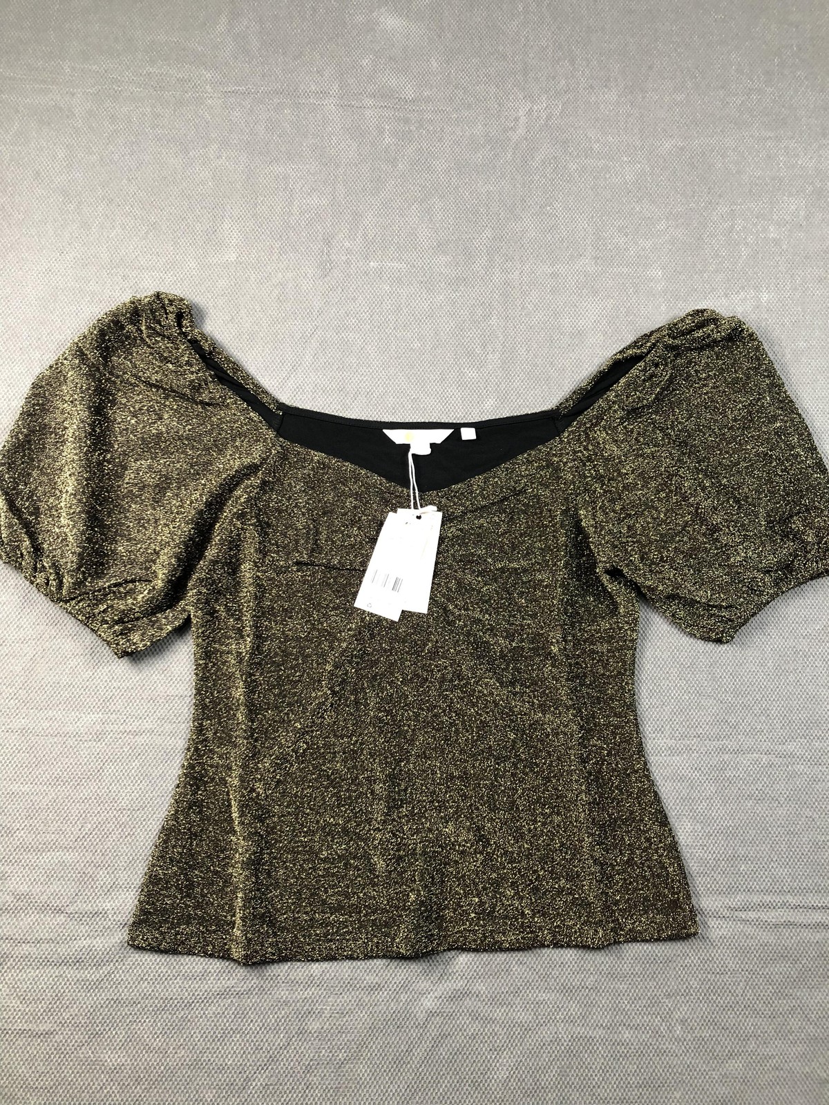Boden Blouse Womens 8 Black Sweetheart Short Puff Sleeve Glitter Jersey Top