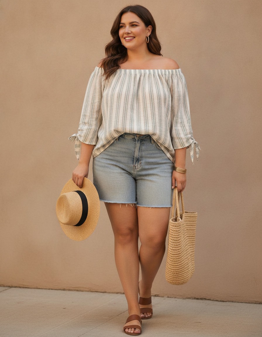 Soprano Ivory Striped Off-Shoulder Top Size 3XL Textured Tie Sleeve Boho Blouse