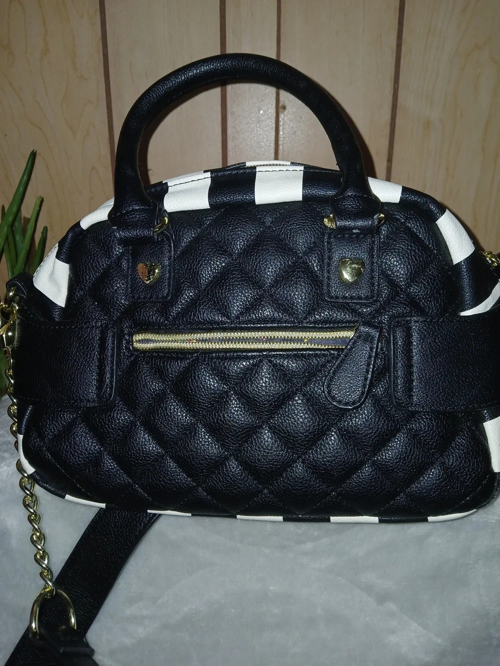 Betsey Johnson Black Quilted Heart Crossbody with Striped Accents, Whimsy, bow
