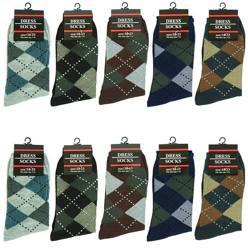 3-12 Pairs Mens Multi-Color Argyle Diamond Cotton Casual Dress Socks Size 10-13