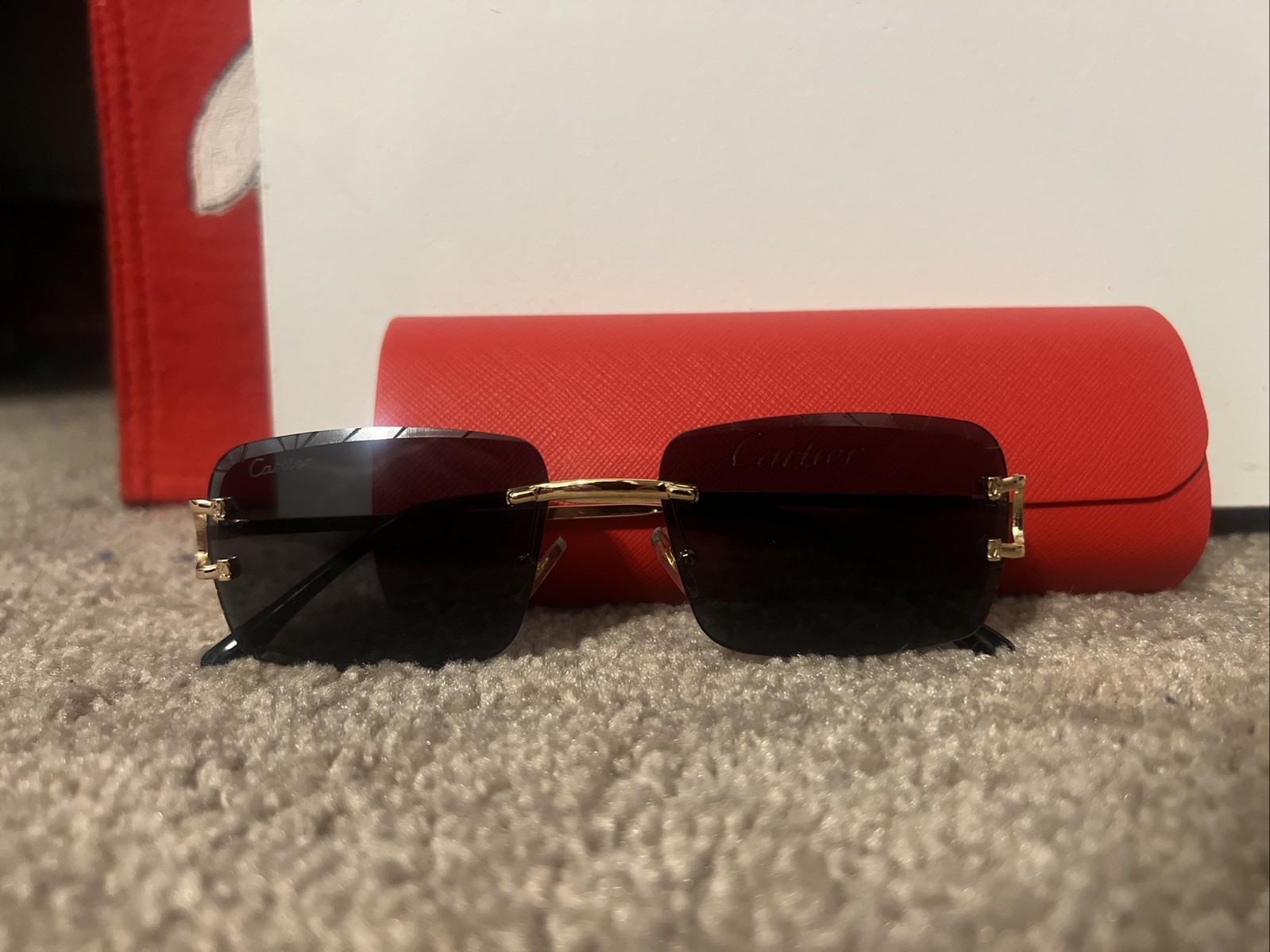 Cartier Big C Diamond Cut Sunglasses Black Lenses W/ Gold Temples! Authentic!