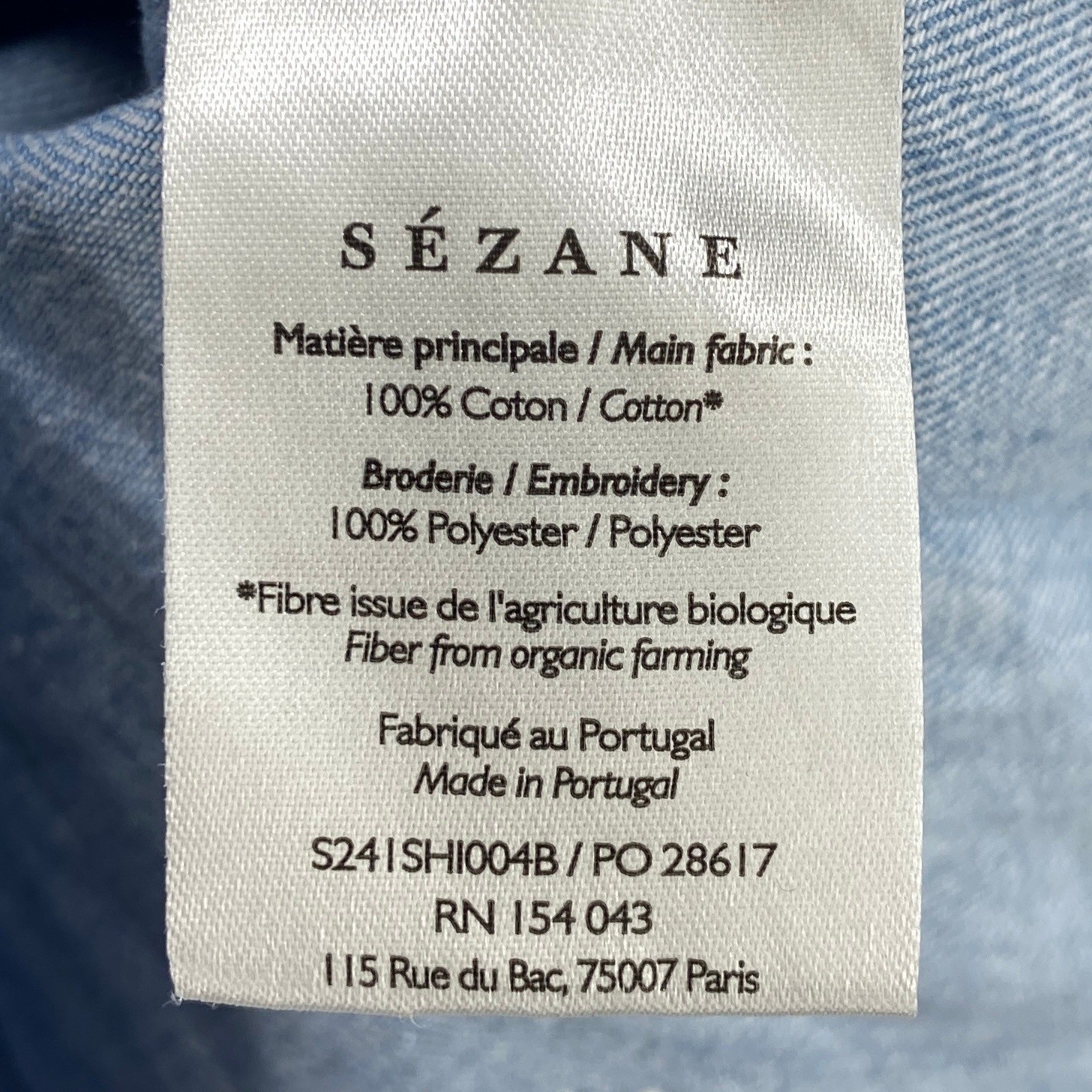 Sezane Tomboy Shirt Embroidered Blue Denim Chambray Long Sleeve Women EU 36 US 4