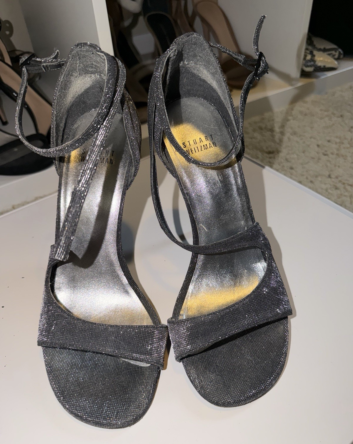 Stuart Weitzman Black Glitter Synthetic Strappy Open Toe Ankle Strap Heels 8.5