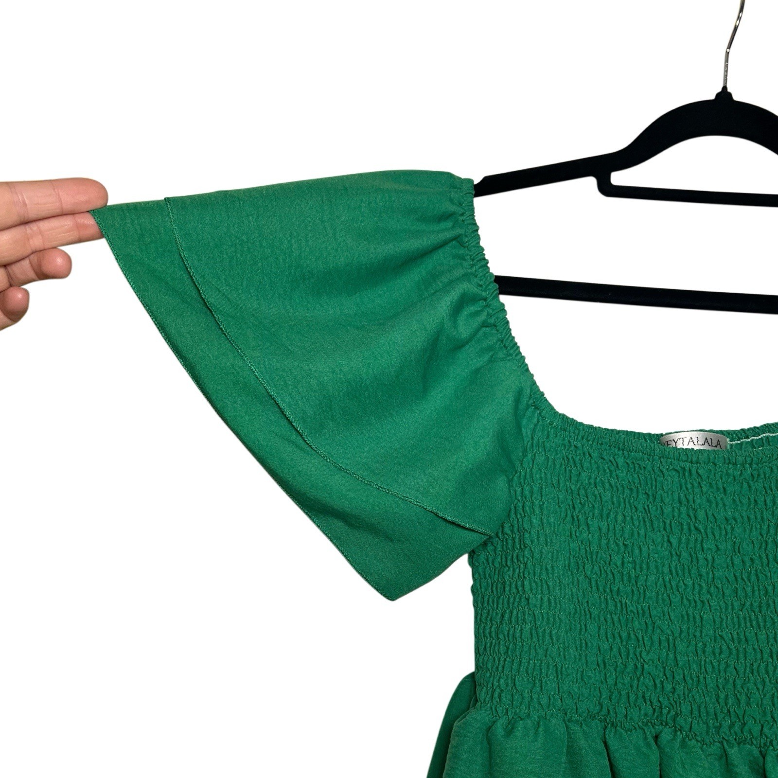 HEYTALALA Green Smocked, On/Off Shoulder, Flutter Sleeve Peplum Blouse