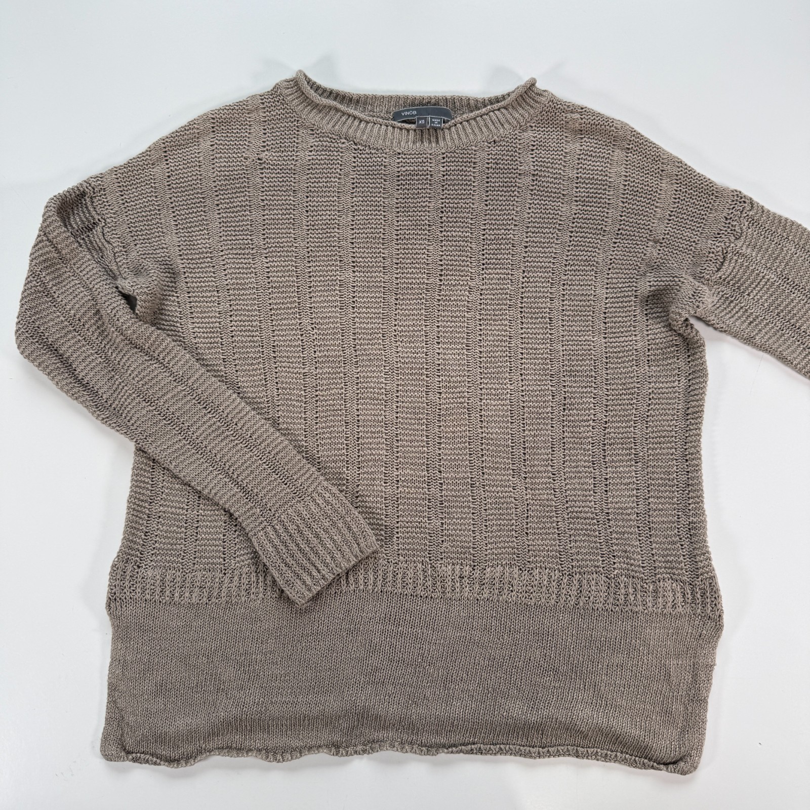 VINCE Loose 100% Linen Drop Sleeve Pullover Knit Sweater Womens XS Taupe