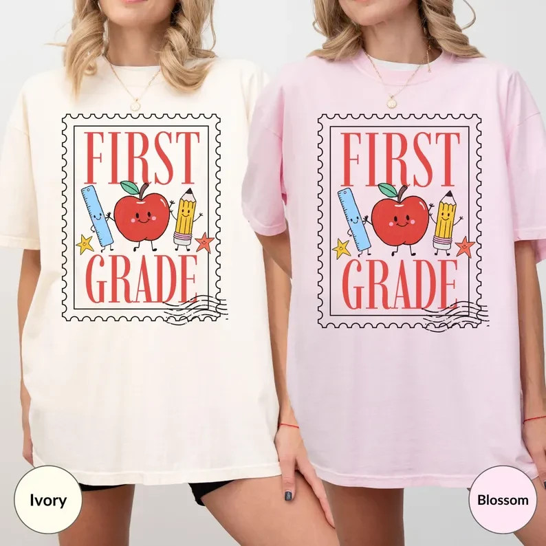 Vintage First Grade Shirt Cute Apple Pencil Postage Stamp Back To School Tee