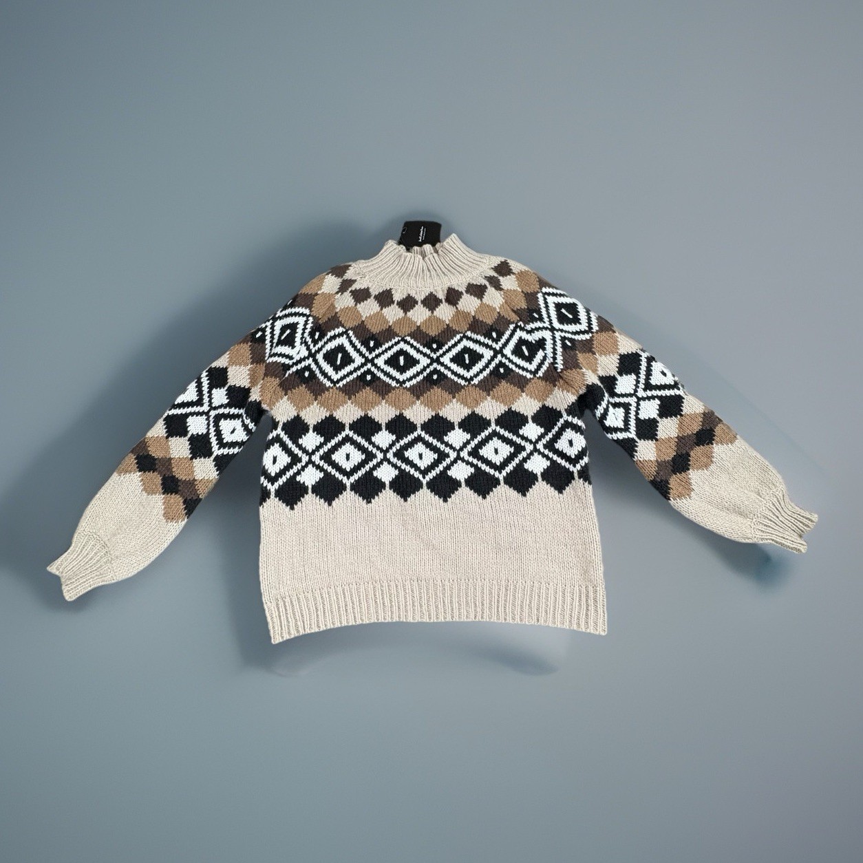 Nordic Sweater Women L Brown Beige Geometric Fair Isle Knit Cottagecore Rustic