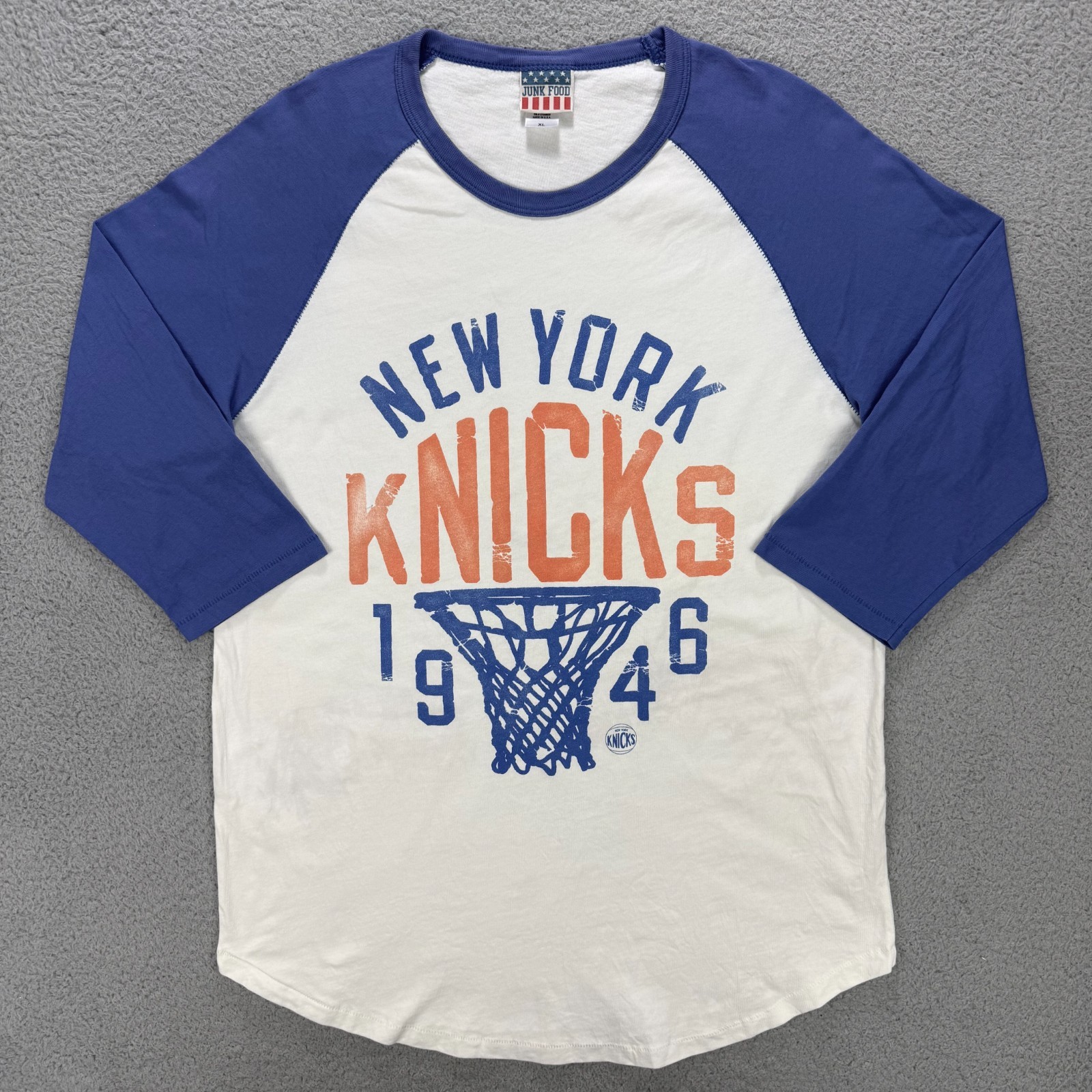 New York Knicks T Shirt XL Raglan 1946 Junk Food Single Stitch USA Made Vintage