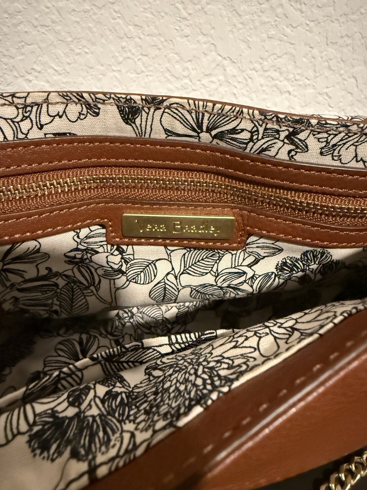 Vera Bradley Brown Pebbled Crossbody Bag Gold Chain Strap Floral Lined