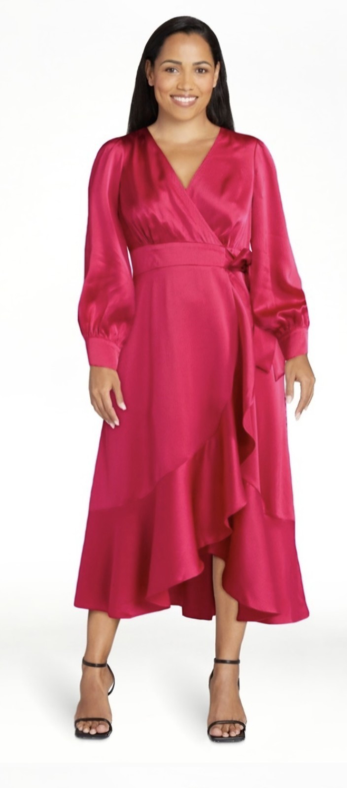 NWT Sophia Vergara Large 12-14 Faux Wrap Dress Ruffle Trim Cerise Holiday New