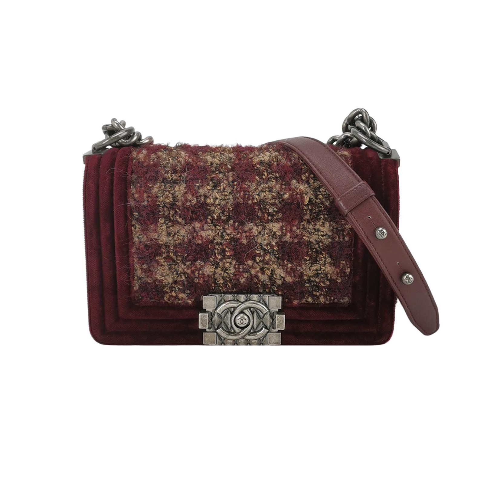 Chanel LeBoy Small Burgundy Beige Lambskin Shoulder Crossbody Bag Duty Paid