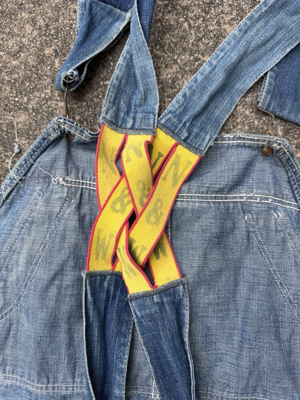True Vintage 40s N&W Denim Bib Work Overalls Low Half Back Farm Repairs Rare 38