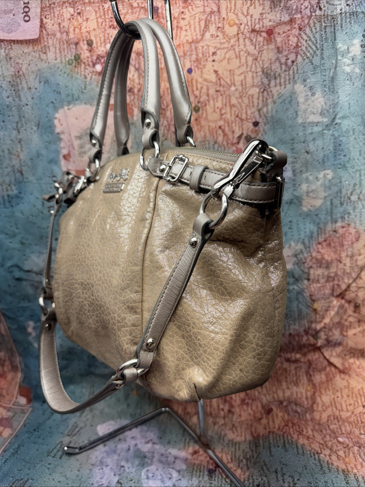 Coach 18931 Madison Sophia Gold Beige Embossed Metallic Leather Satchel Bag
