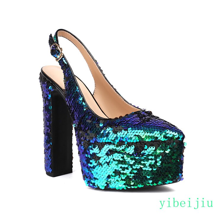 Women’s Detachable Chain High Heel Slingbacks Glitter Sequins Shoes Performance