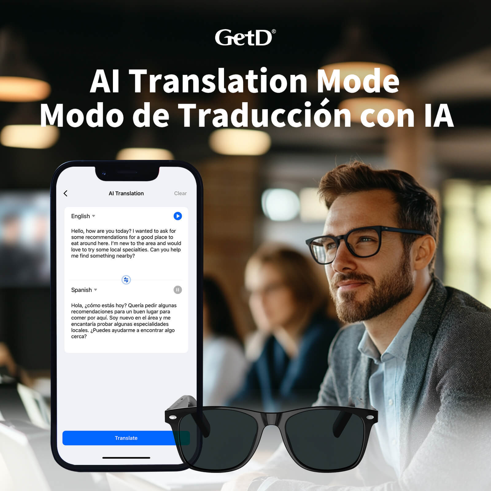 Bluetooth Smart Glasses with Speakers Eyewear Music translator Headphones Green