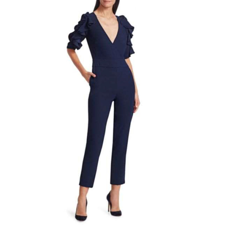 ML MONIQUE LHUILLIER Deep V-Neck Elbow Ruffle Sleeve Crepe Cropped Jumpsuit, 2