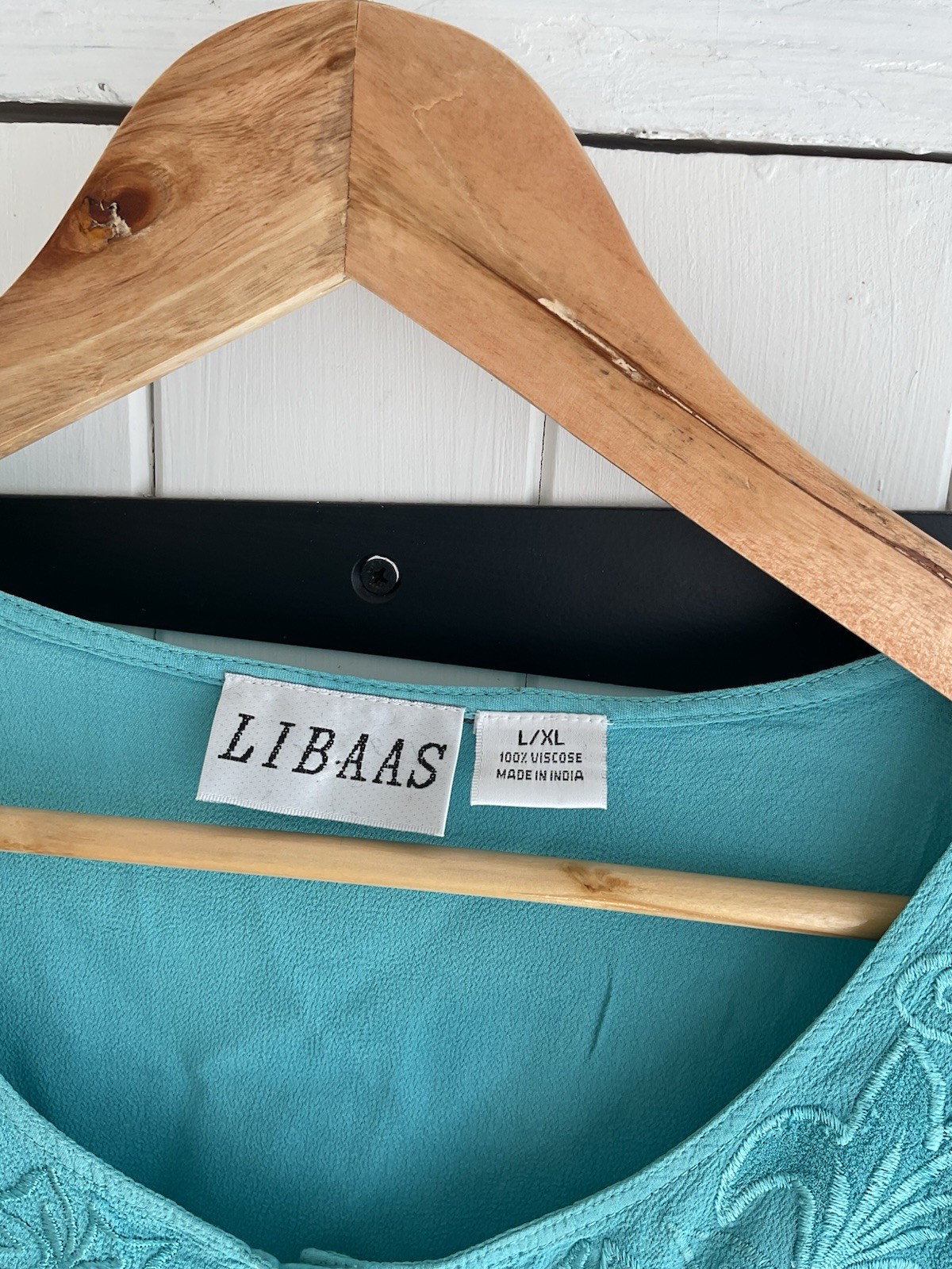 LIBAAS Turquoise Embroidered Button Front Chiffon Blouse Round Neck L/XL
