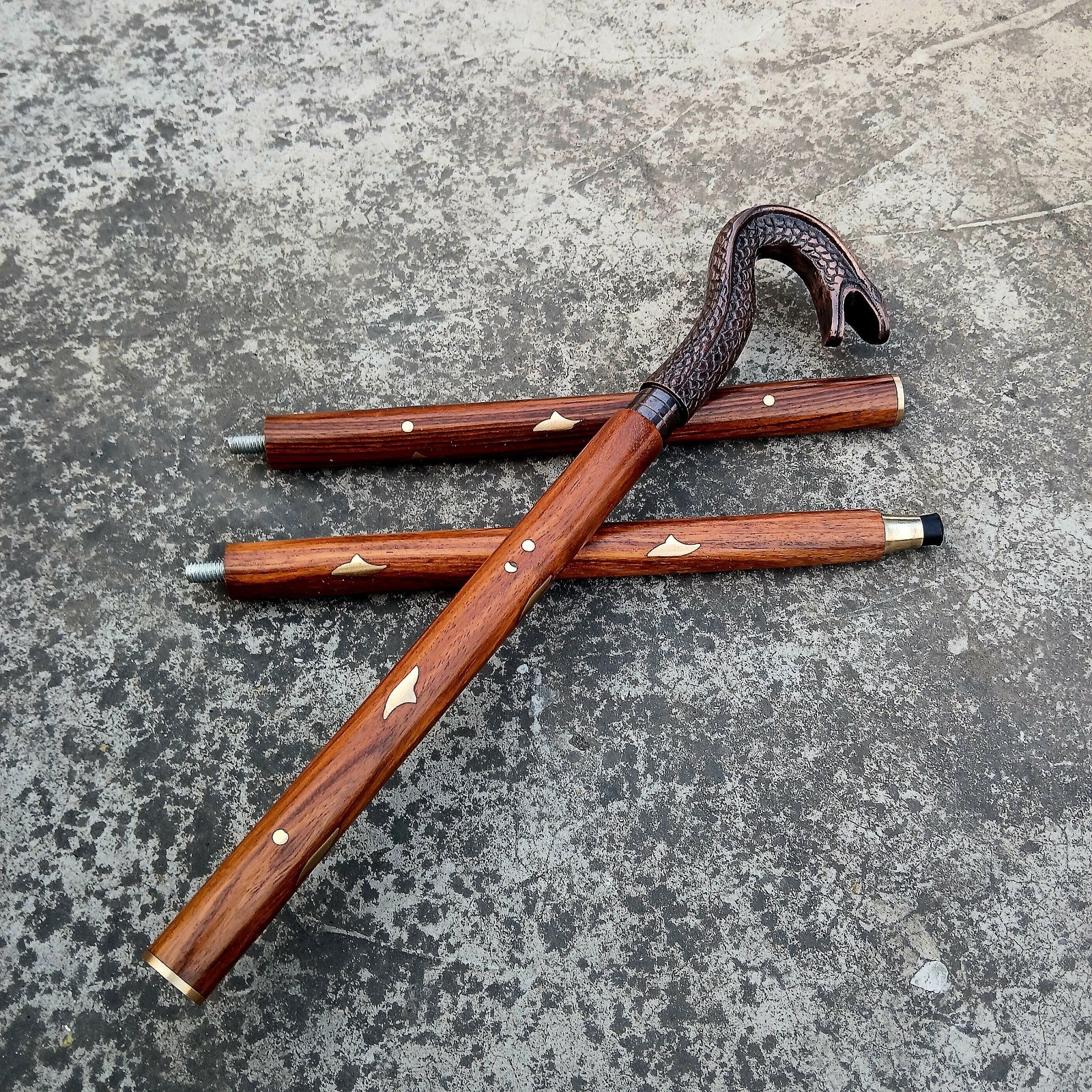 Antique Vintage Brass Snake Head Walking Stick: Decorative Wooden Cane