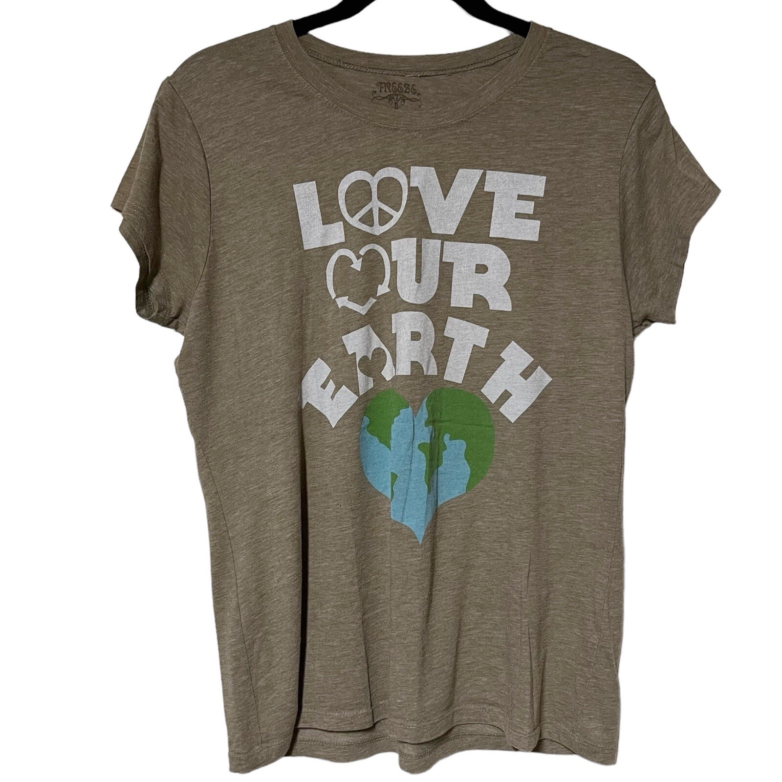 Freeze Love Your Earth Graphic Tee women’s large tan hippie festival casual boho