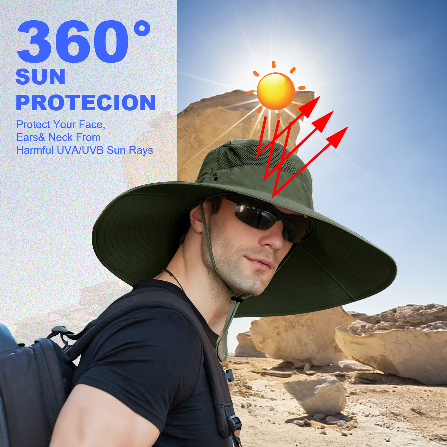 Bonnie Hat for Men Wide Brim Sun Protection Outdoor Hiking Fishing 50+UPF Bucket