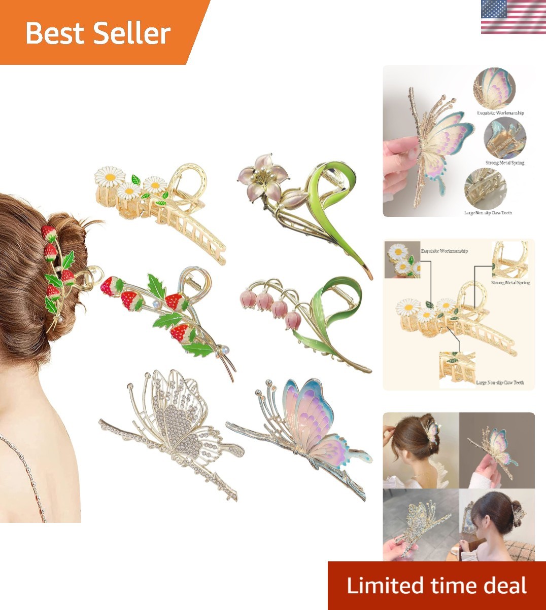 Elegant 6 Pcs Butterfly Flower Hair Claw Clips – Large 4.3 Inch – No Slip