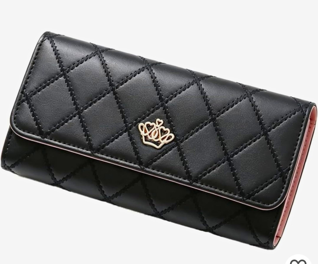 Women’s Black Quilted Wallet with Pink Interior, Metal Logo, Card Slots, Zipper