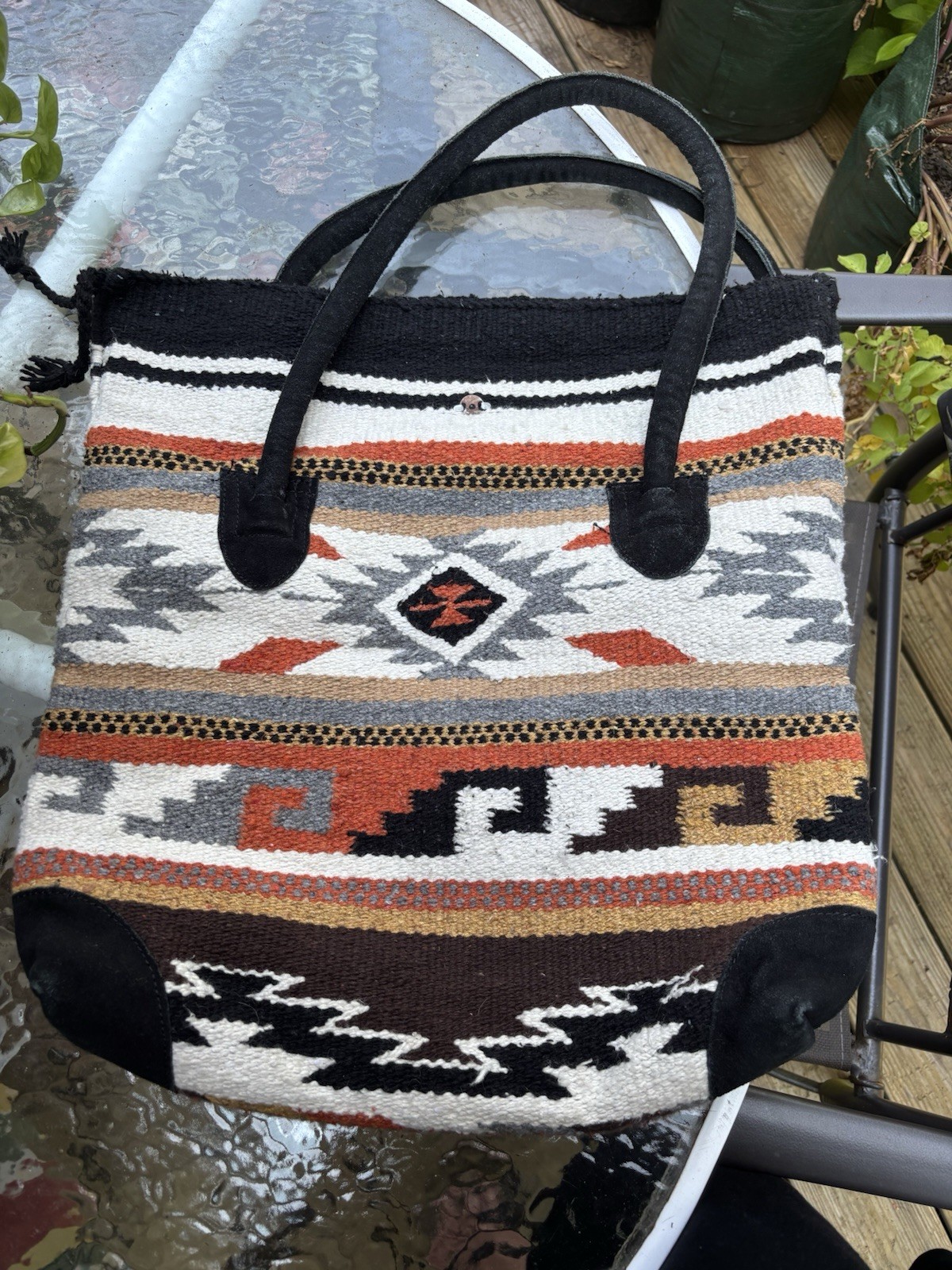 Multicolor Aztec Geometric Tote Bag Black Leather Double Handles Lined Pockets