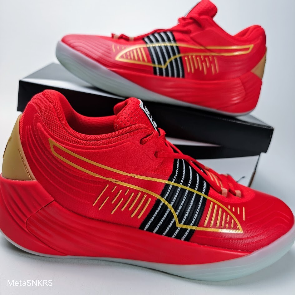 Puma US 11.5 Men’s Red Black Gold Basketball Light Fusion Nitro 195587 04 NIB