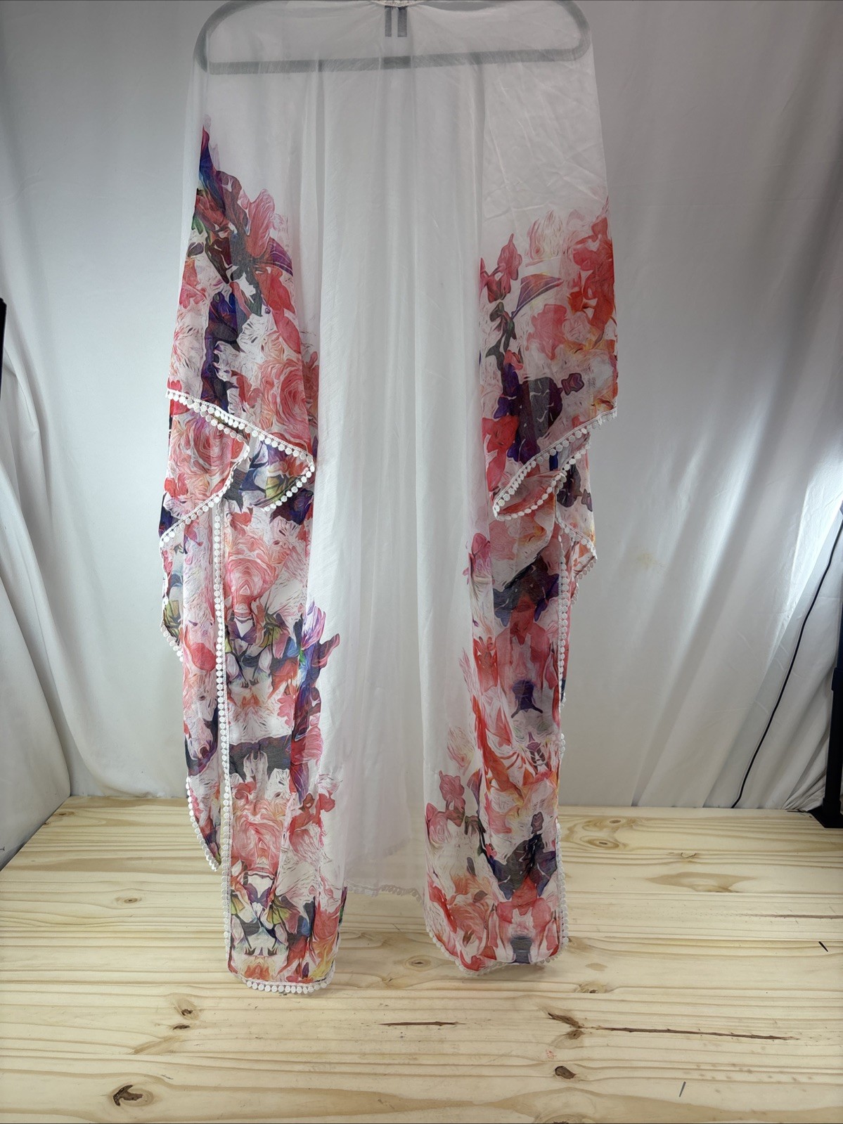 Womens Sheer Floral Kimono Cover Up White Watercolor Open Front Beach Swim OS