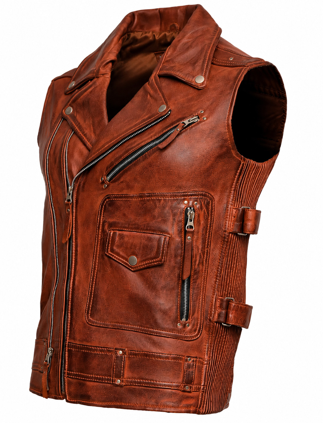 Mens Brown Leather Biker Vest Motorcycle Waistcoat Zip Front Riding Vest