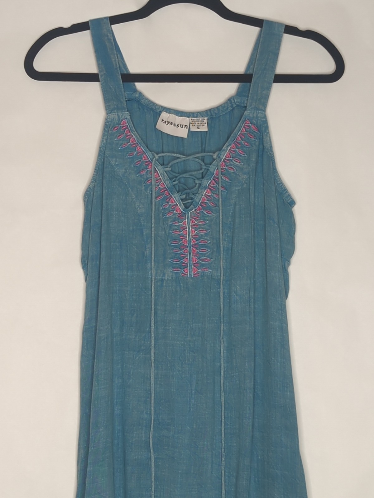 Raya Sun Dress Sz Small Boho Embroidered Shift Blue Festival Coastal Tassels Fun