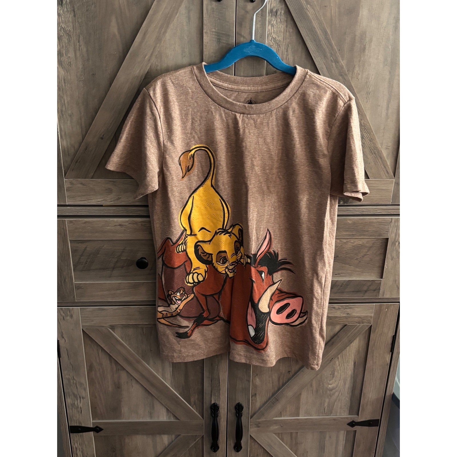 Disney Lion King Simba Pumbaa Timon Graphic Tee Heather Tan Kids Medium 7/8