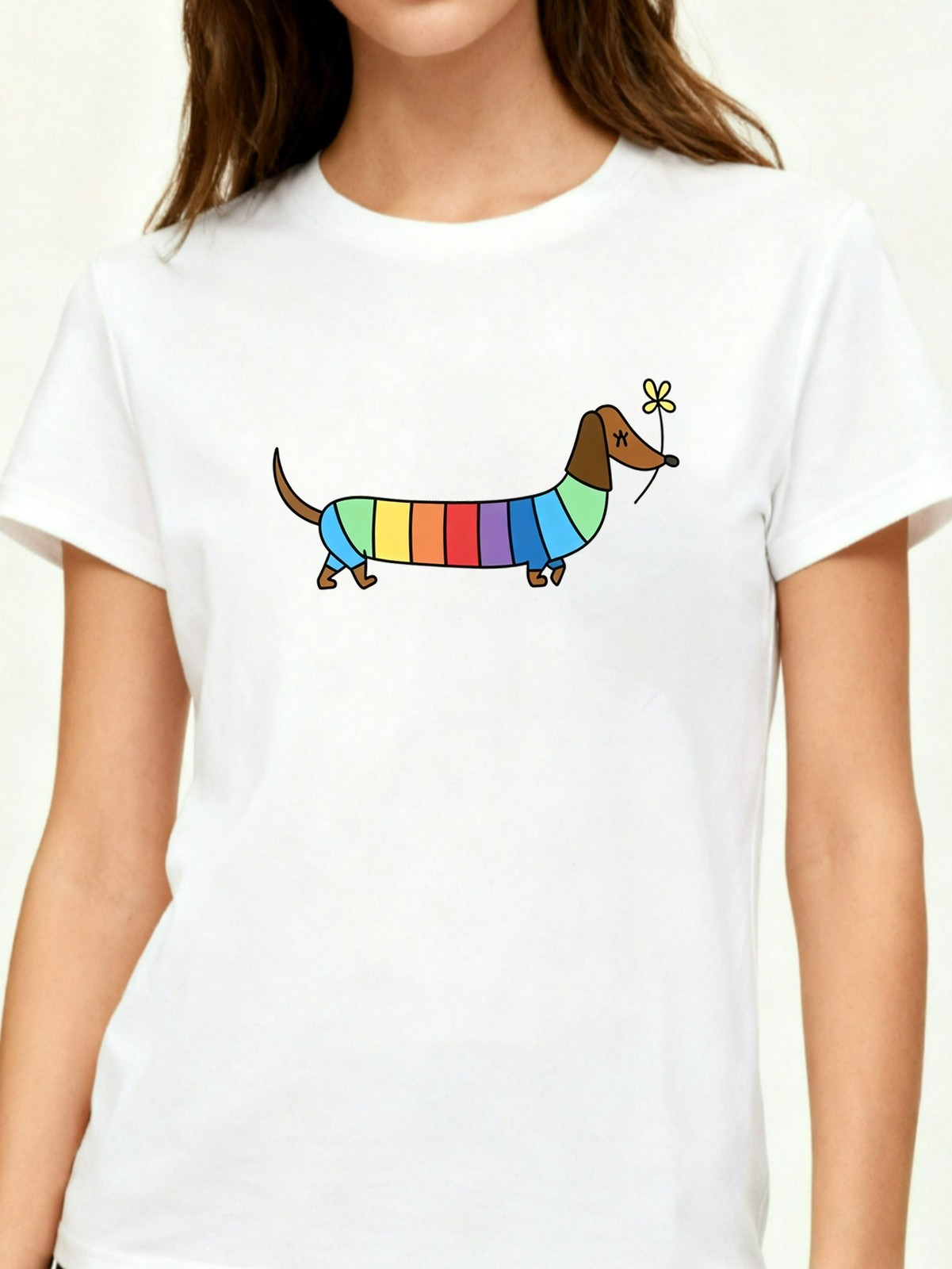 Rainbow Striped Dachshund Graphic Tee W Cute Playful Casual Daily Polyester Top
