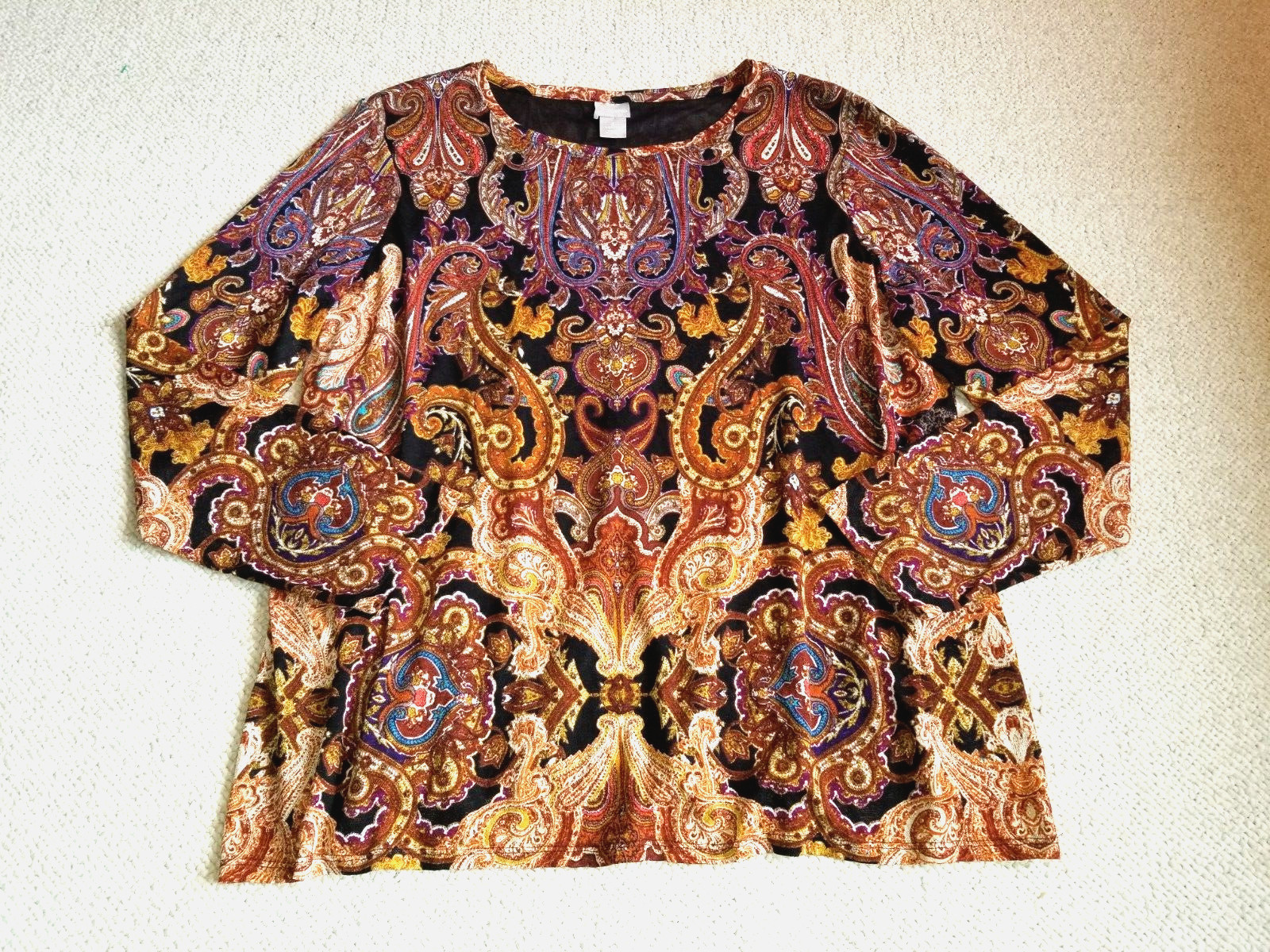 Womens Top-CHICO’S-black/brown/yellow paisley stretch knit BOHO lined ls-3 (XL)