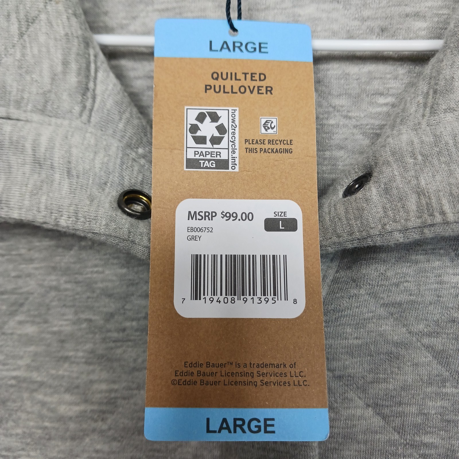 NWT Eddie Bauer Womens L Gray Quilted Kangaroo Pocket Pullover Large MSRP $99.00