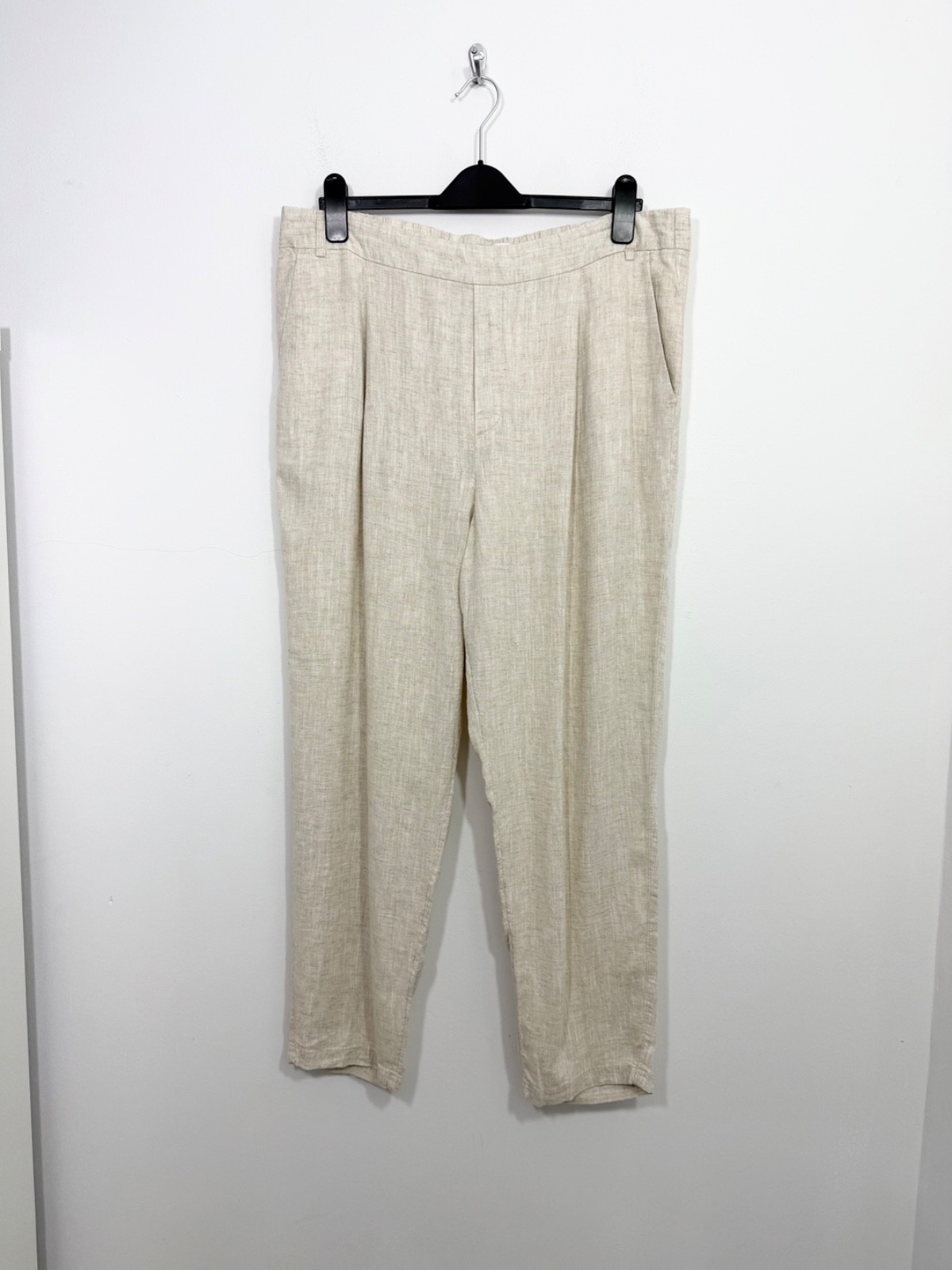 M&S Beige Flax Linen Mix Tapered Leg Trousers Size 18 Reg Pockets Elasticated