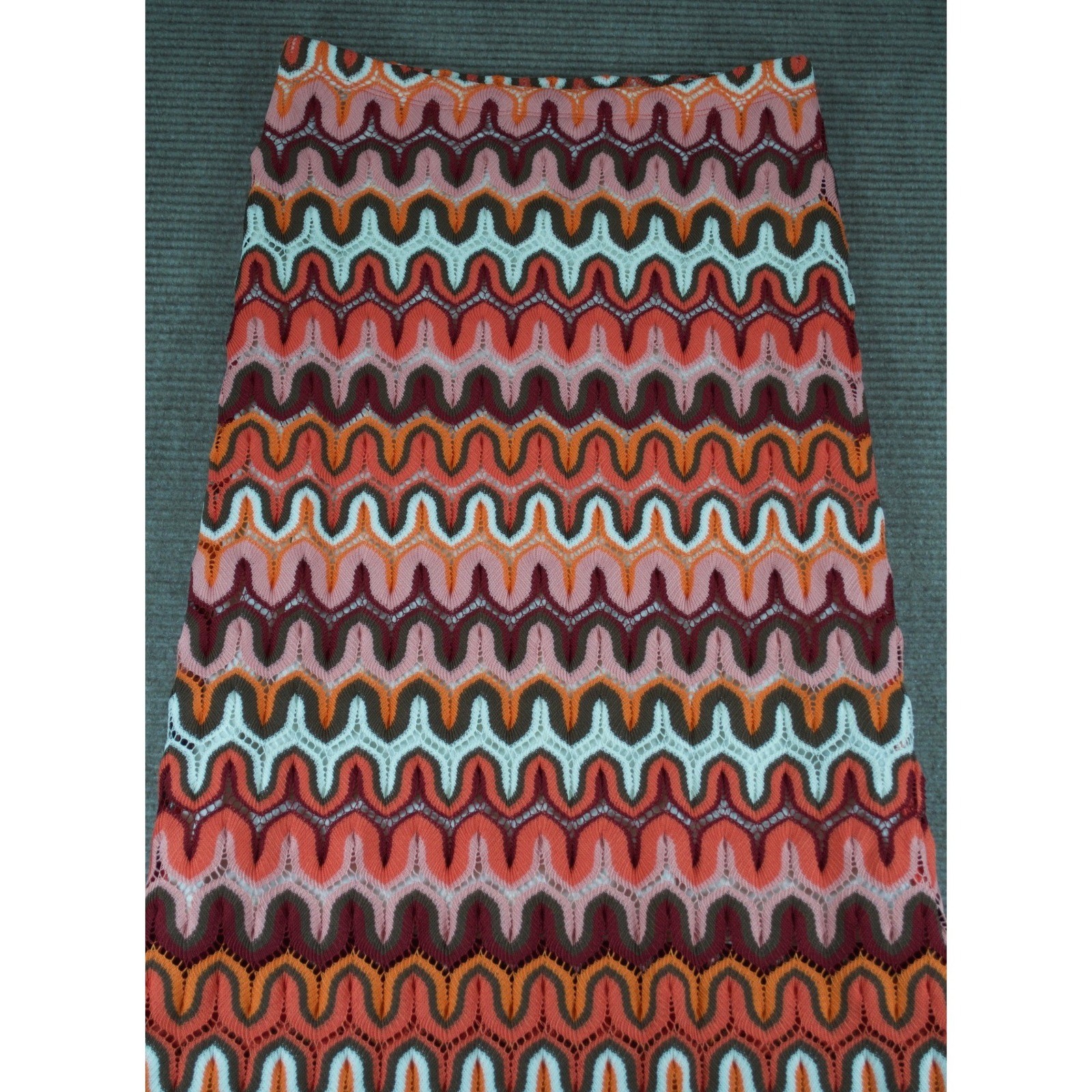 Karen Kane Crochet Knit Chevron Maxi Skirt Boho Pink Orange Zig Zag Lined Size S