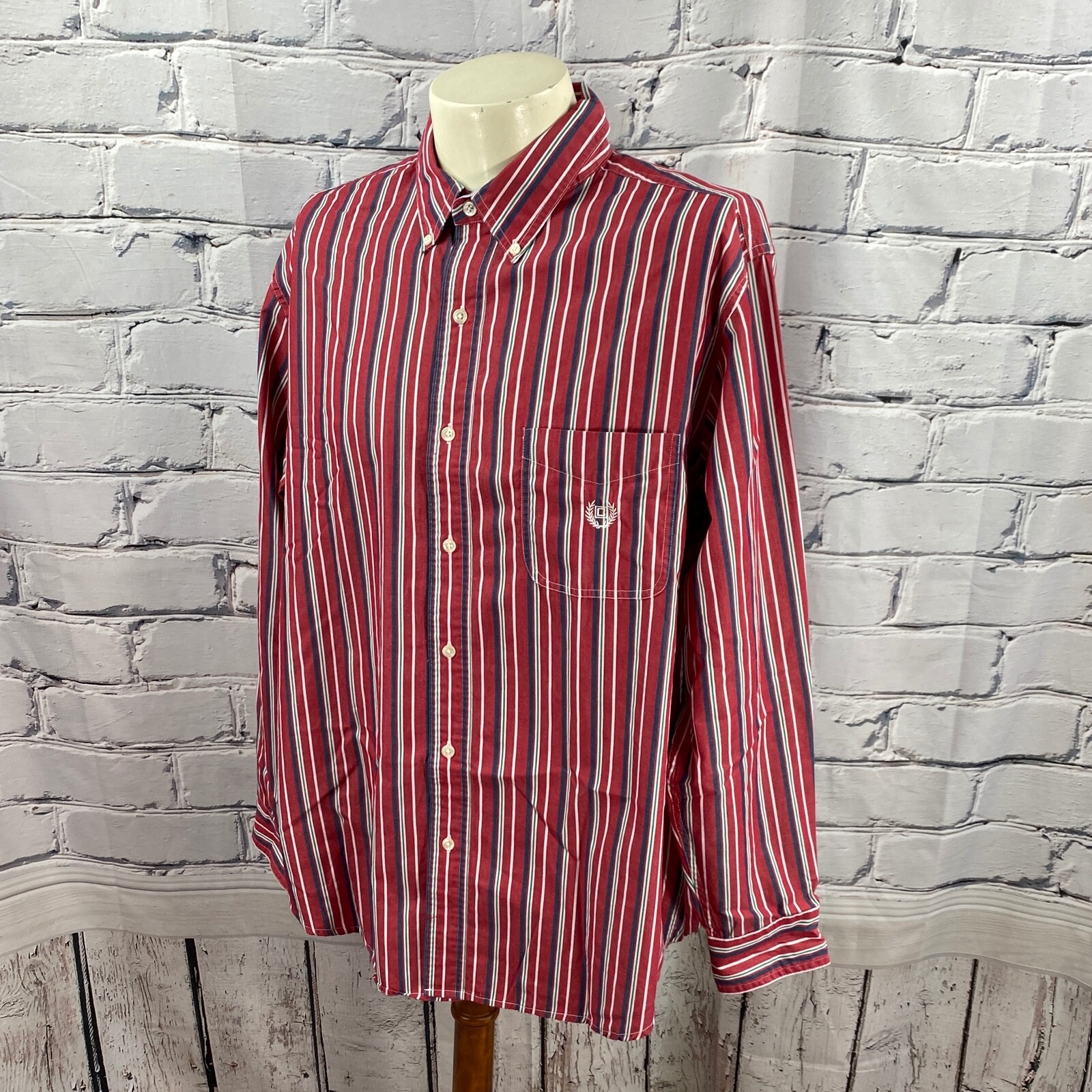 Chaps Men’s Easy Care Button Down Long Sleeve Cotton Blend Red Stripe Shirt XL