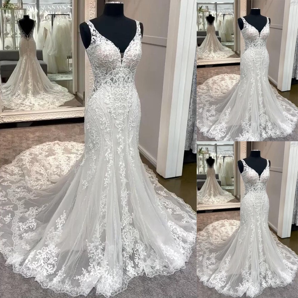 Elegant Mermaid Wedding Dresses V – Neck Lace Appliques Sweep Train Bridal Gowns