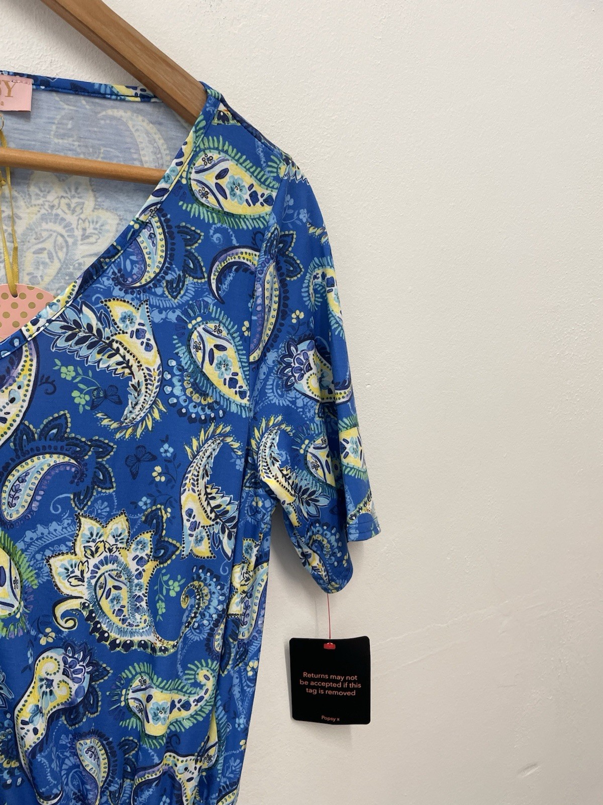 Popsy Tinsley Paisley Print Dress Size 14 Blue Short Sleeve Belted Pockets BNWT