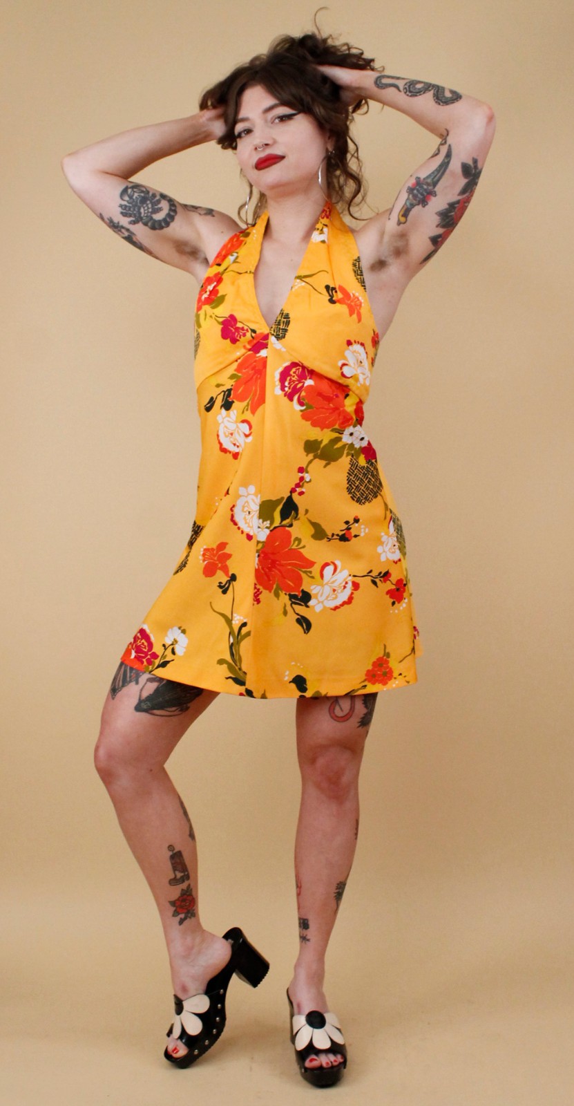 60s 70s Vtg Yellow Floral Micro Mini Dress Halter Top Mod Hawaiian Handmade Xs