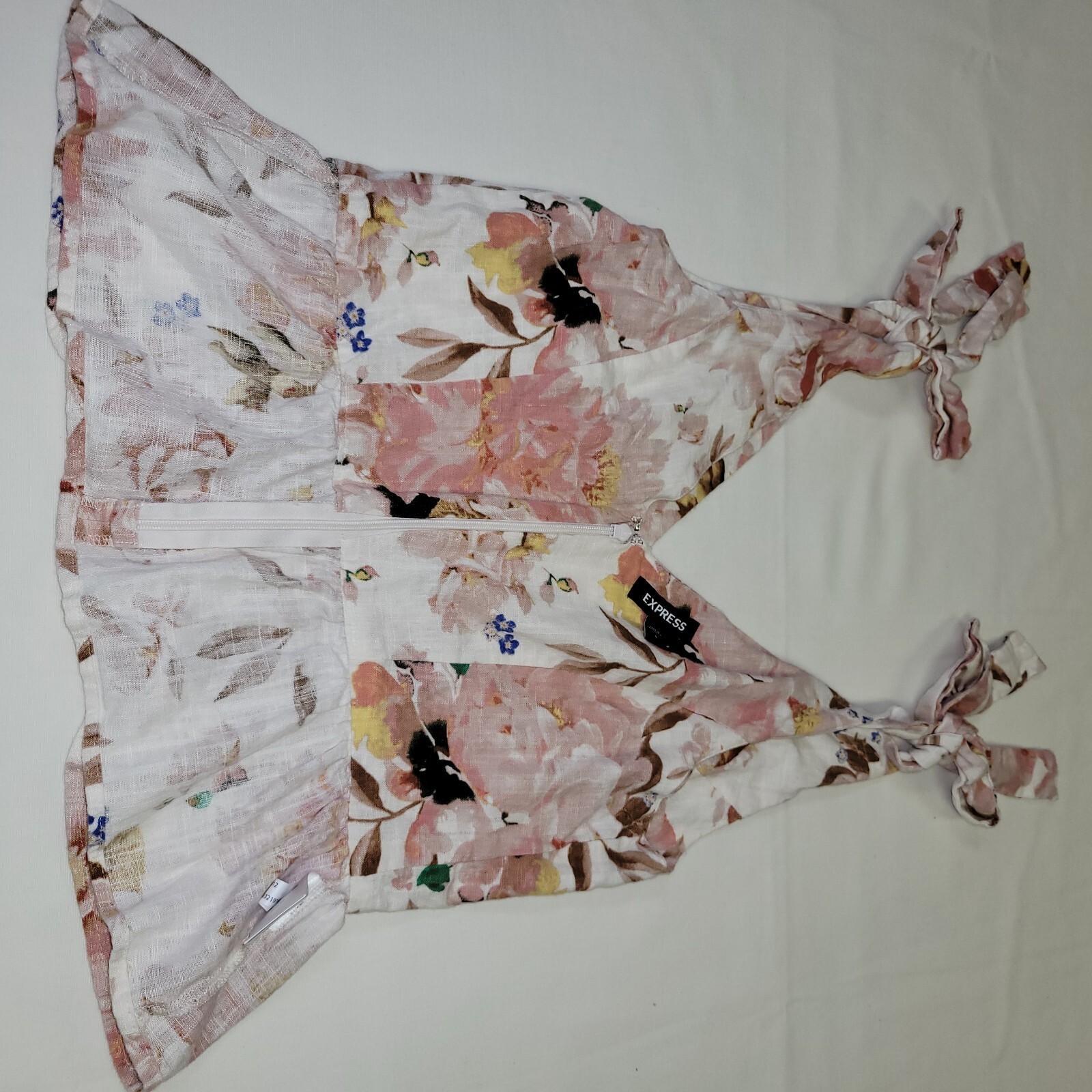 Express womans top floral sleevless tie staps ruffle zipper
