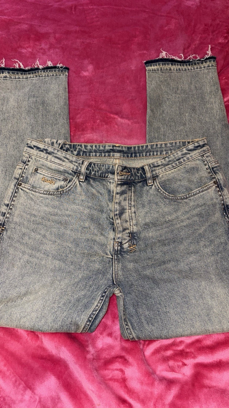 Ksubi Men’s Blue Light Wash Stretch Straight Leg Jeans Logo Embroidered