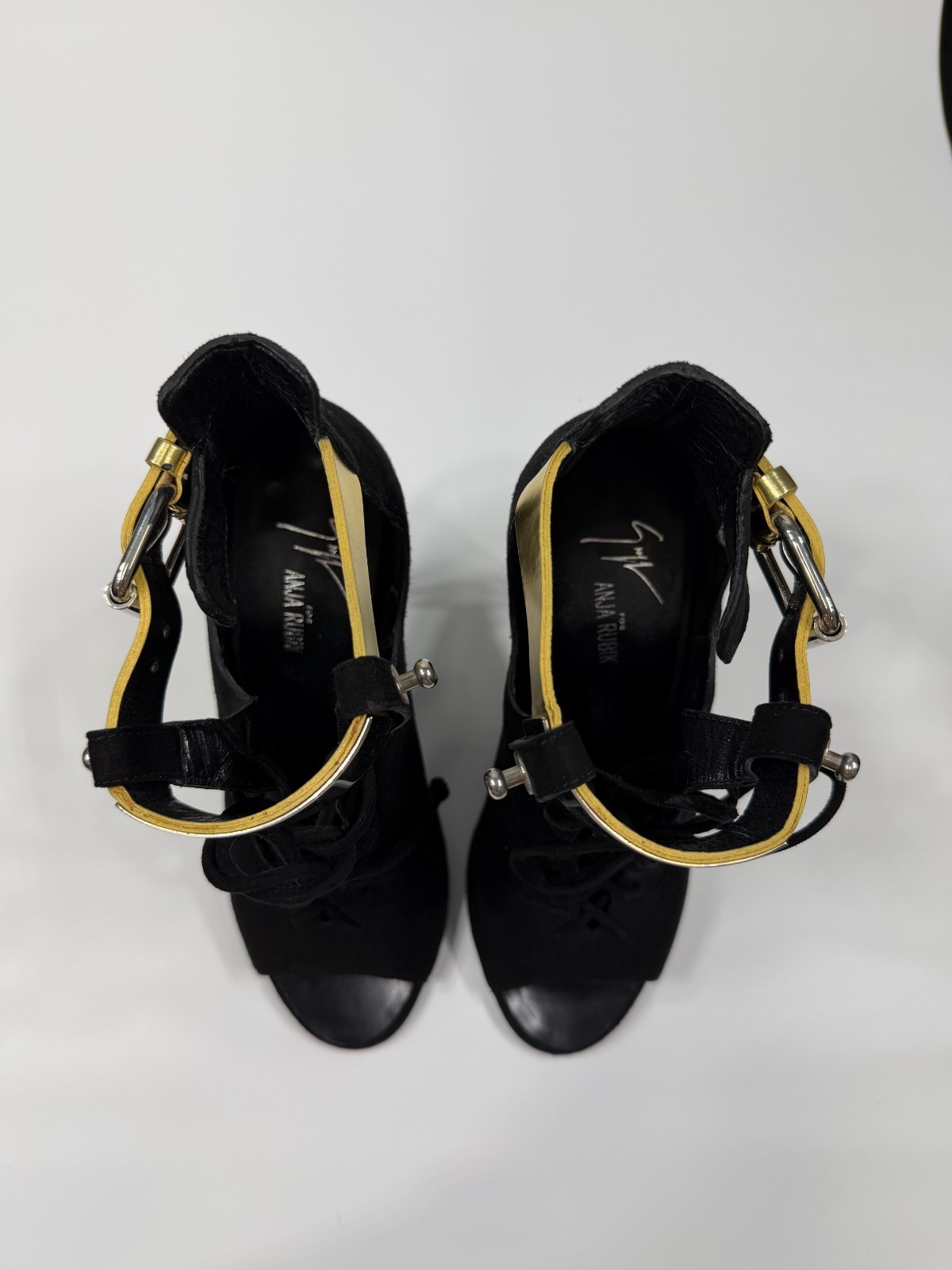 Giuseppe Zanotti x Anja Rubik Black Suede Lace Up Peep Toe Heels Gold Strap 37