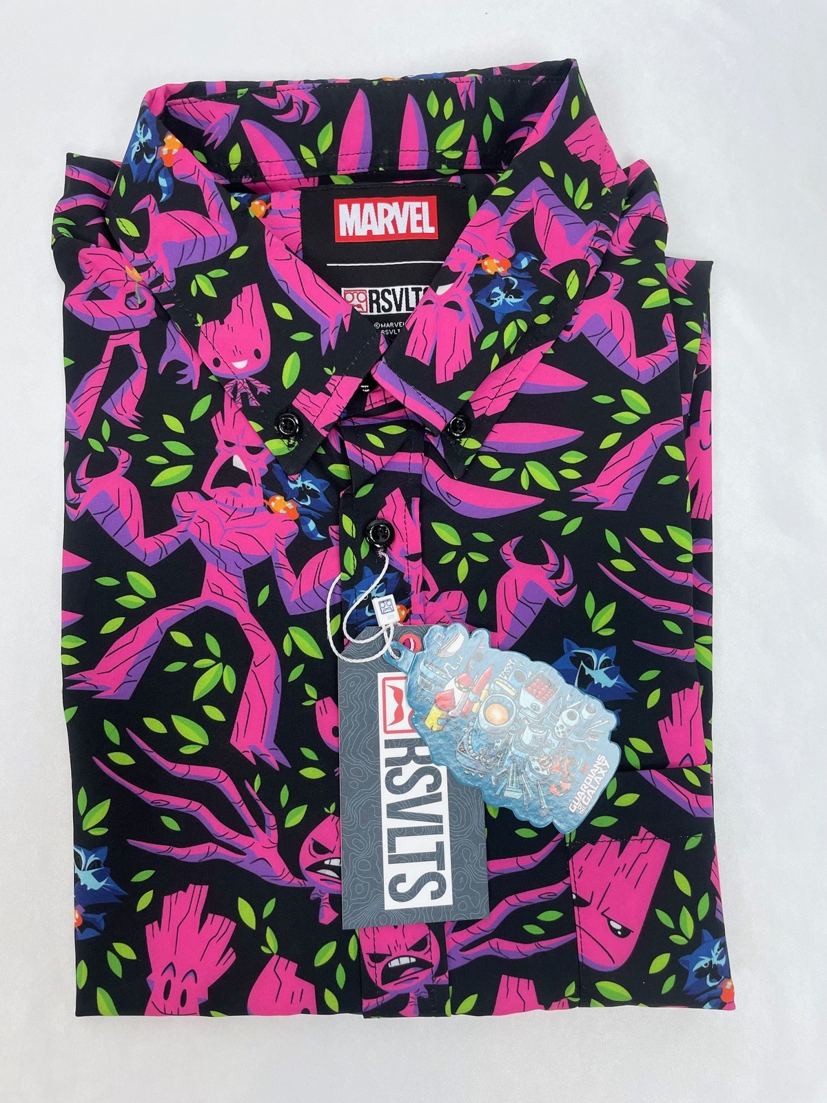RSVLTS Men Marvel Guardians Galaxy Black Pink We Groot Short Sleeve Button Shirt