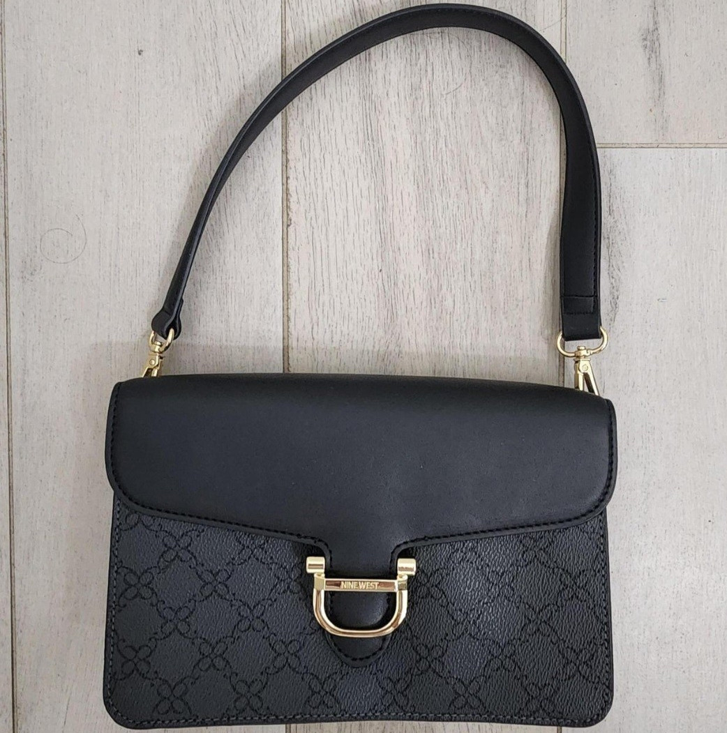 Nine West Black Monogram Shoulder Bag Gold Hardware
