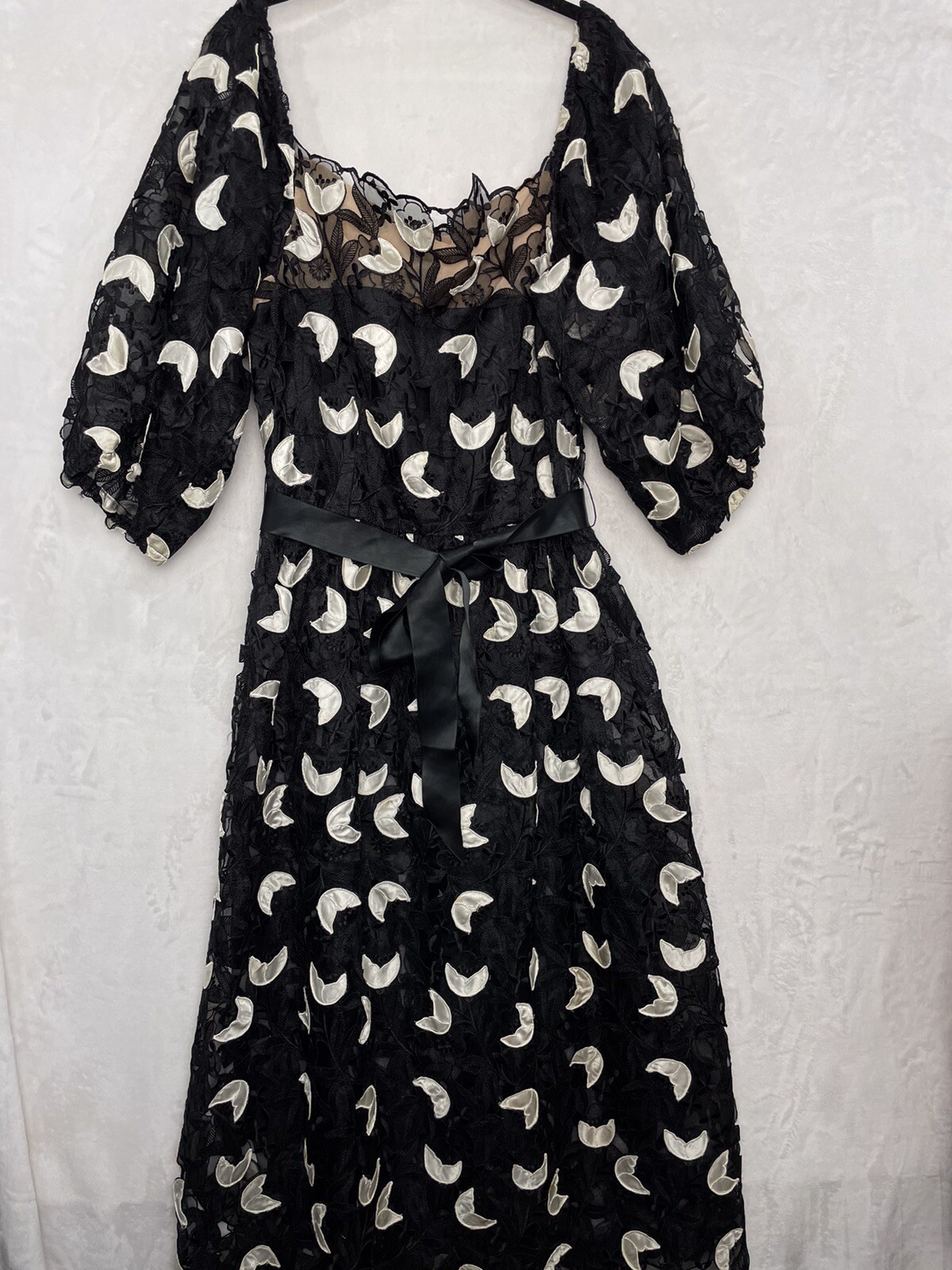VTG Richilene New York Appliqué Dress Black White Floral Lace 14 L Union 80s USA