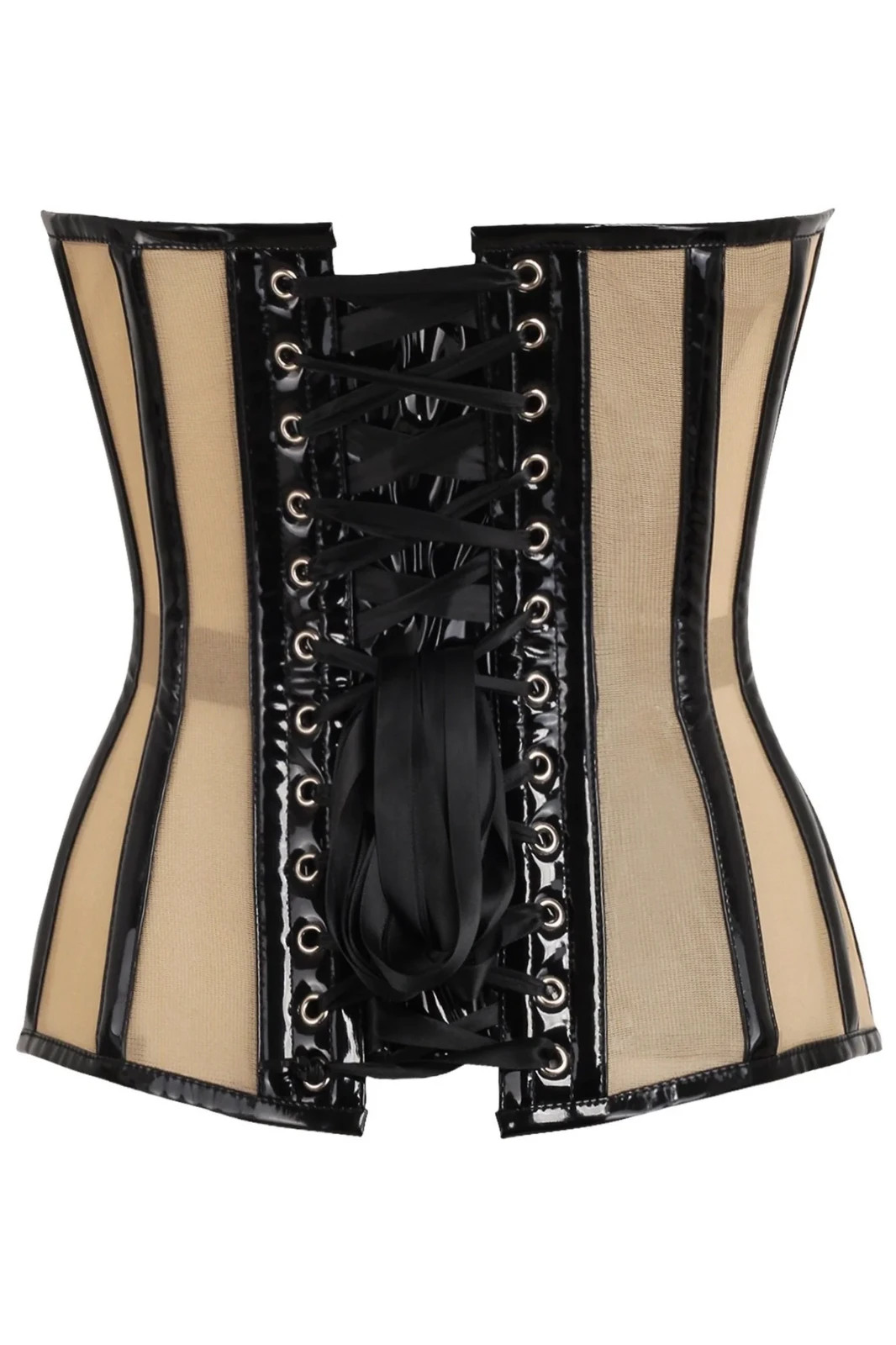 Nude Mesh & Black Vinyl Pvc Corset Overbust Steel Boned Goth Vampire Club Pinup