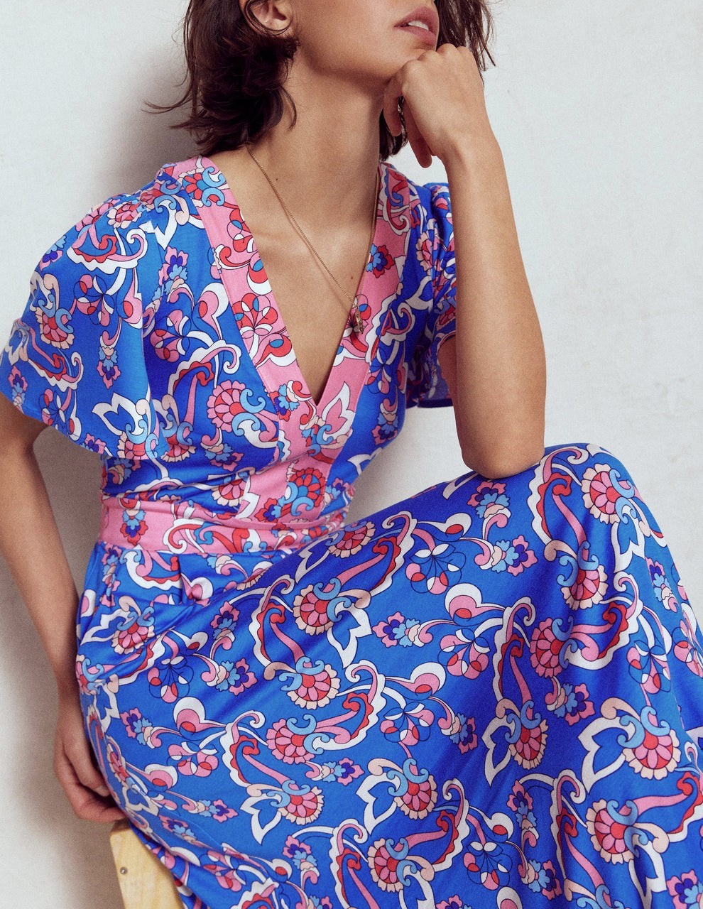 Boden ELLIE FLUTTER V-Neck Pink & Blue Short Sleeve Jersey Maxi Dress 18R